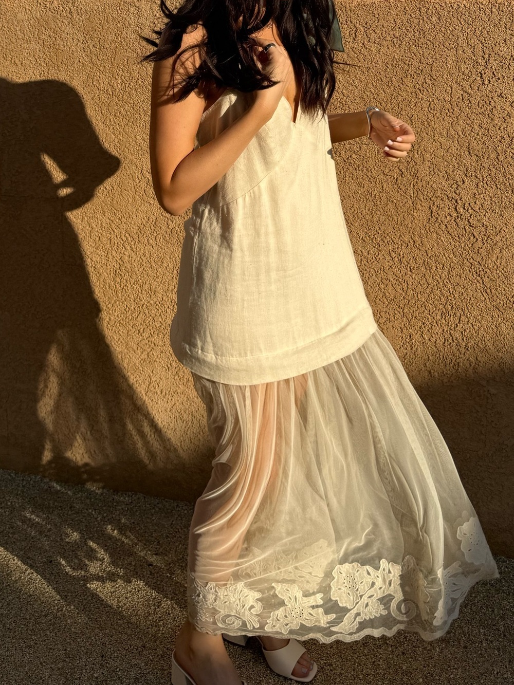 Anthro Cream Layered Lace Hem Maxi Dress